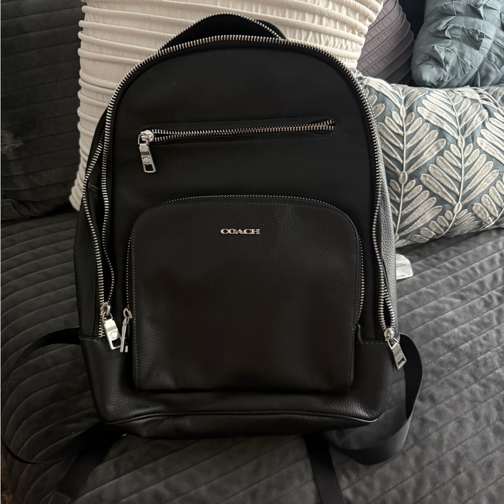 Coach Black Leather Men's Backpack with Silver Accents